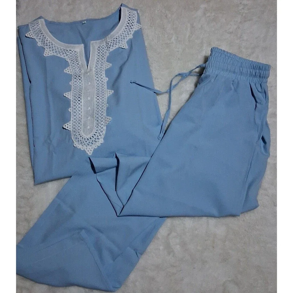 Moroccan Style 2 piece slack/longsleeve shirt set sz small top/slacks light blue